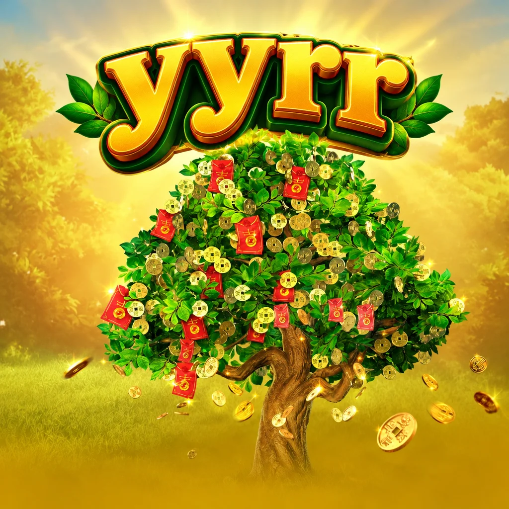 Pohon uang berhiaskan angpao merah dan koin emas pada game Fortune Tree di yyrr